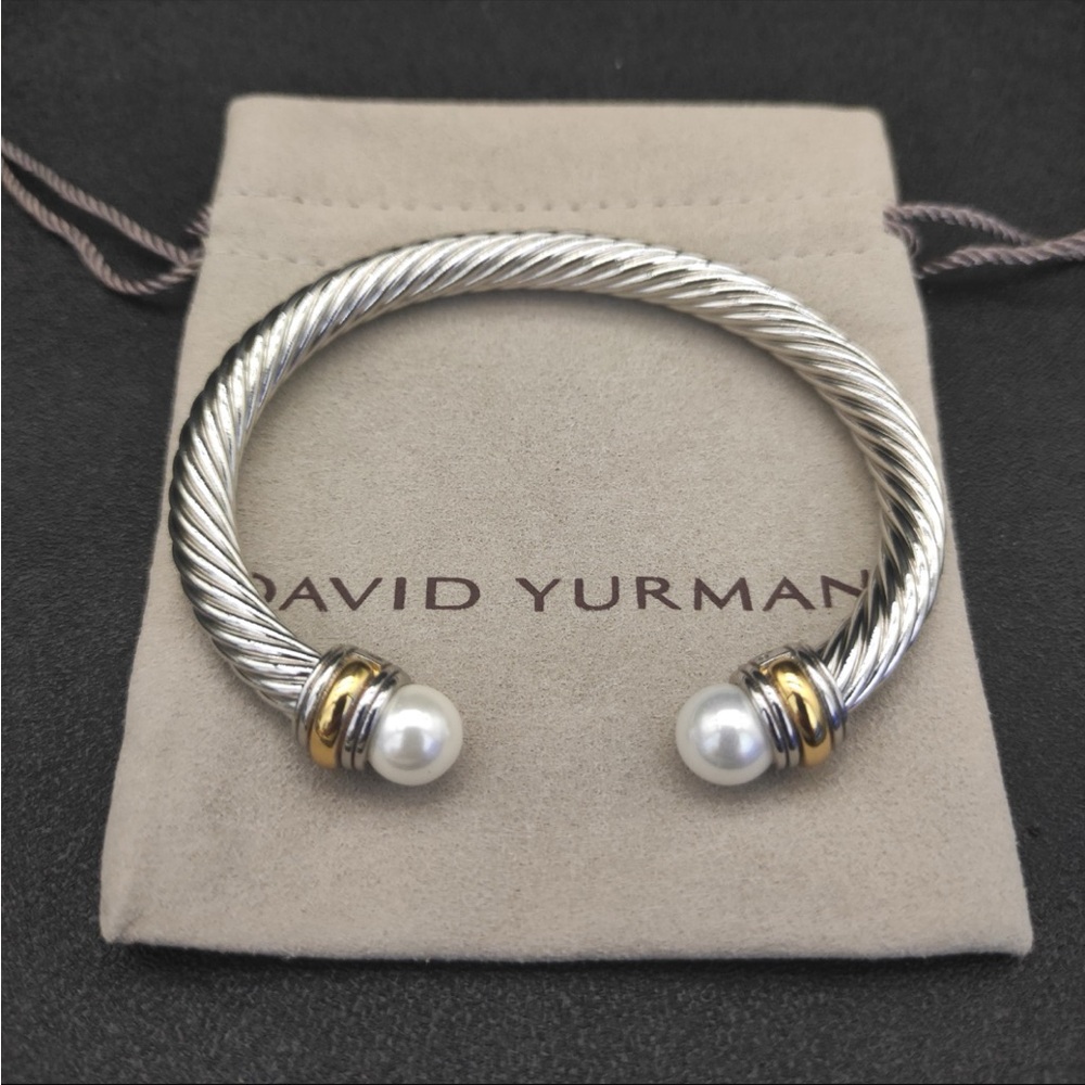 David Yurman Silver Cable Pearl Cuff Bracelet with Gold Accents 7mm